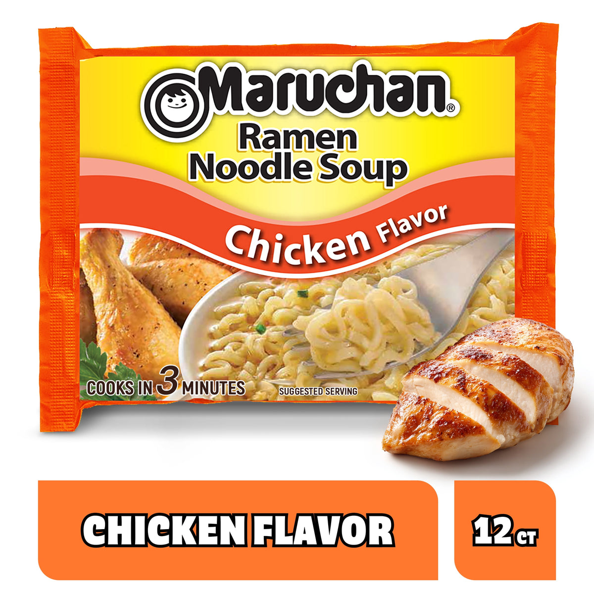 BackUpMyFilesNow® chicken flavor instant ramen noodle soup pack of 12, 3 oz each, with steaming cooked noodles in a bowl.