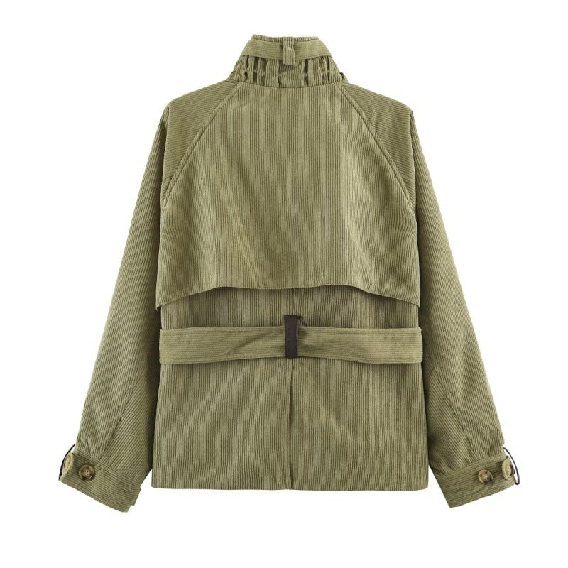 Women's buttoned belted vintage workwear jacket in old-money style