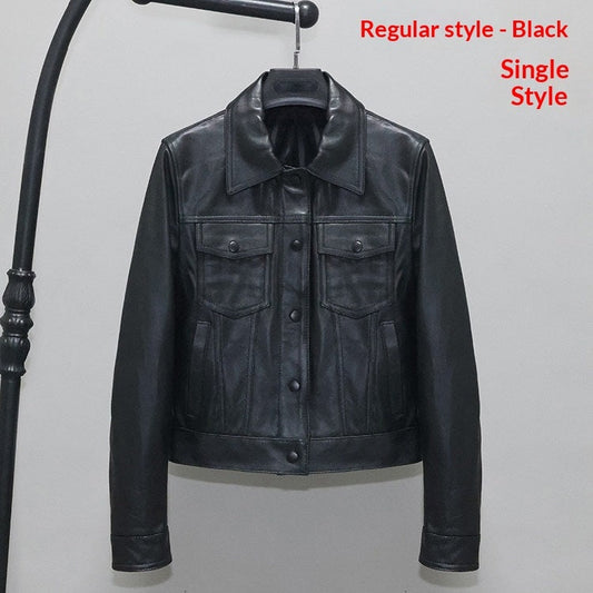 Women's slim-fit short full-grain sheepskin leather jacket in black