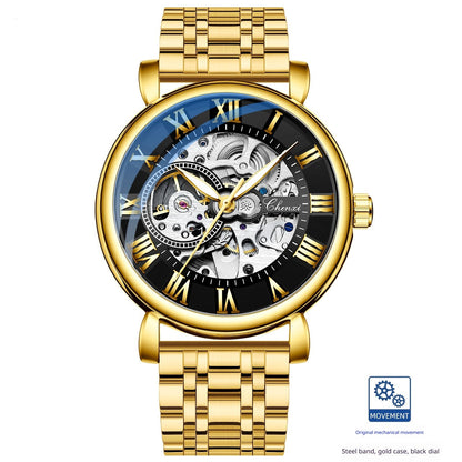 Hollow waterproof luminous automatic mechanical watch with exposed movement and glow-in-the-dark hands
