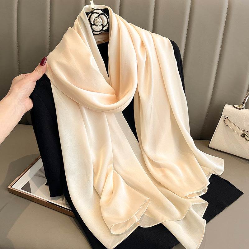 Korean-style solid-color silk beach scarf for women, lightweight summer sun-protection wrap