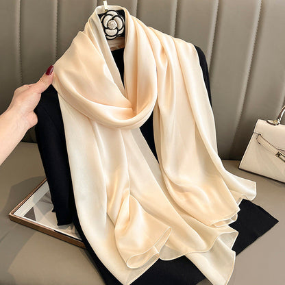 Korean-style solid-color silk beach scarf for women, lightweight summer sun-protection wrap