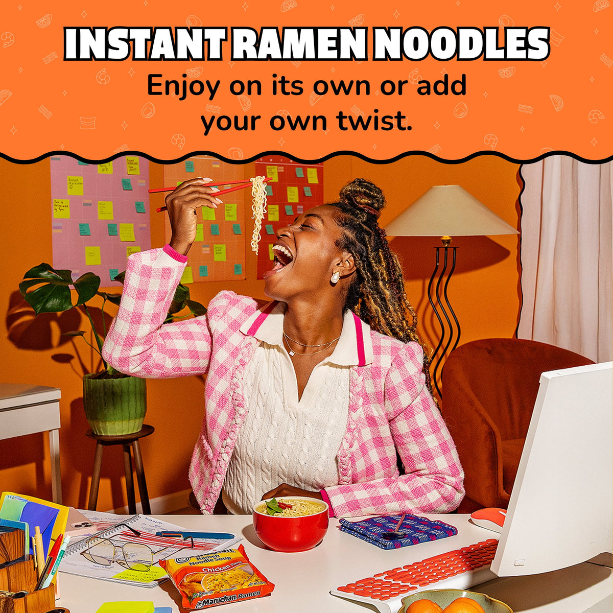 BackupMyFilesNow® chicken flavor instant ramen noodles in a 3 oz pack, showing a bowl of cooked chicken ramen soup with noodles.