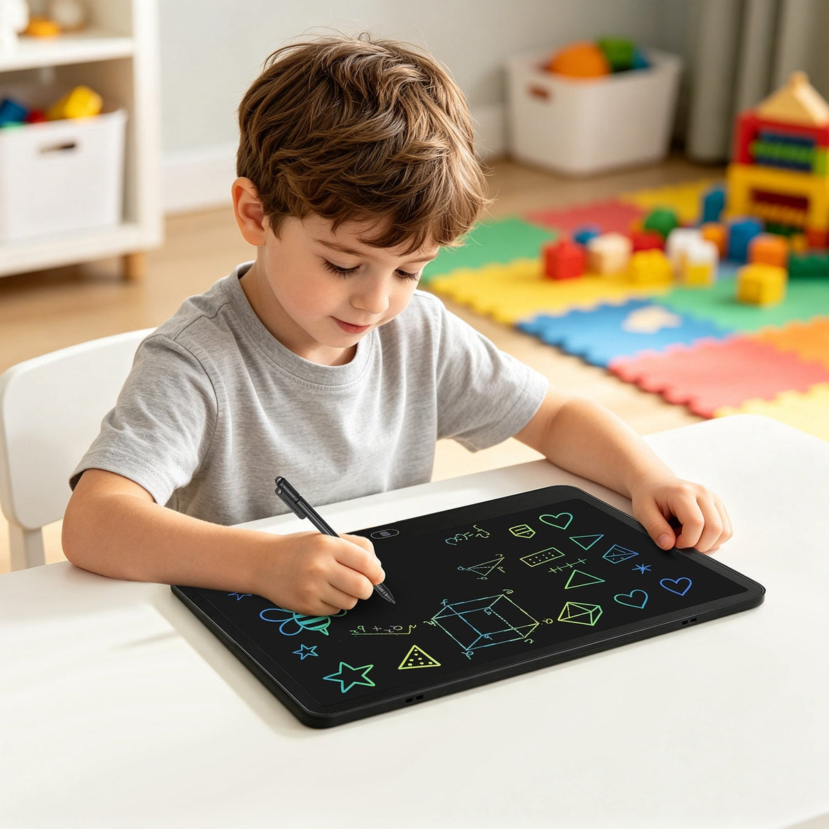 GBruno Store LCD writing tablet for kids with stylus and lock function, showing a colorful screen and stylus pen on the device
