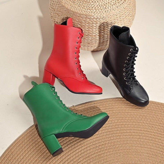 Women’s fashionable block-heeled lace-up boots in large sizes, side view