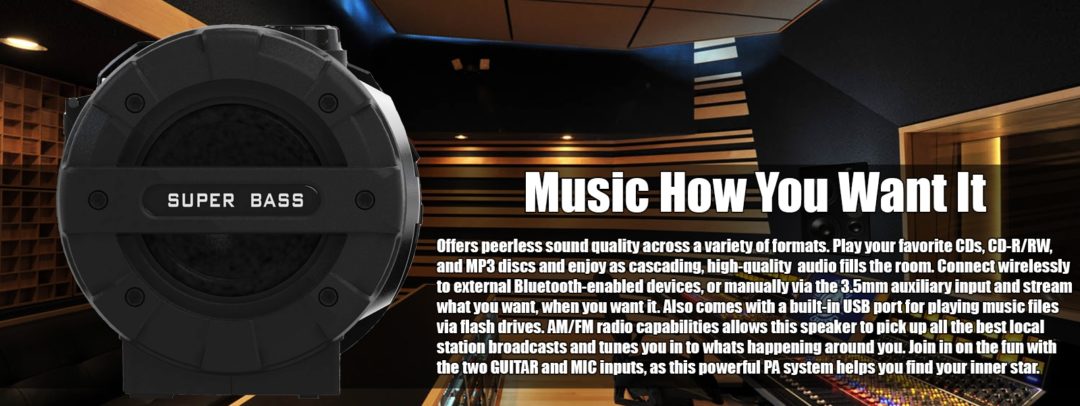 Naxa MP3/CD bass reflex boombox with Bluetooth and PA system features, showing front panel with control knobs and speakers.