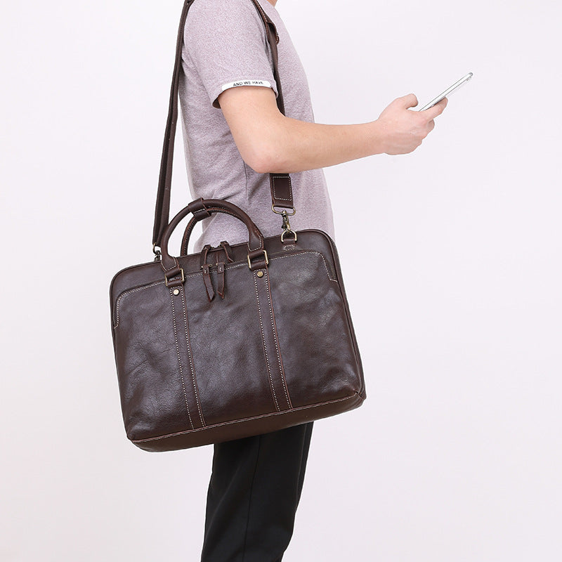 Men's leather briefcase shoulder crossbody handbag with top handles and adjustable strap