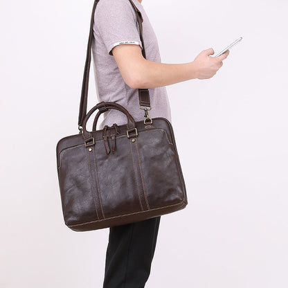 Men's leather briefcase shoulder crossbody handbag with top handles and adjustable strap