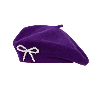 Pearl bow wool breathable beret in a soft textured design viewed from the front
