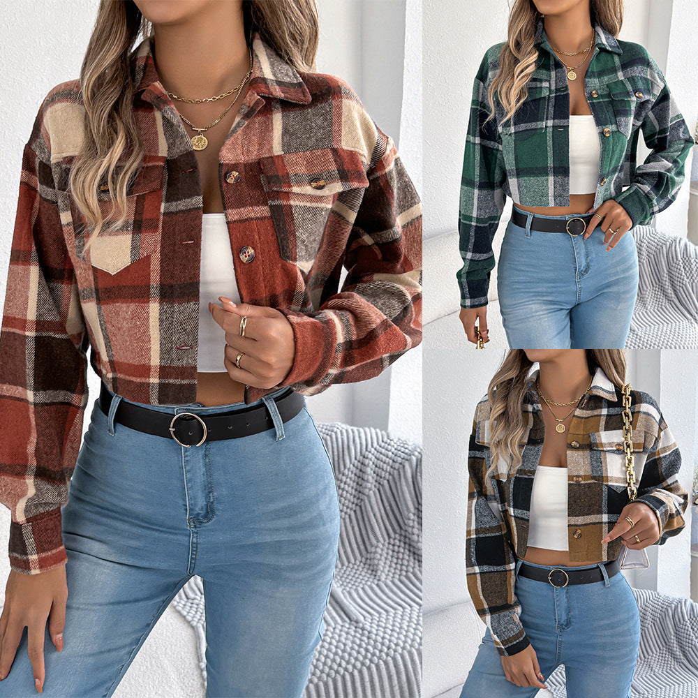 Color-block plaid long-sleeve wool short jacket coat by My Store