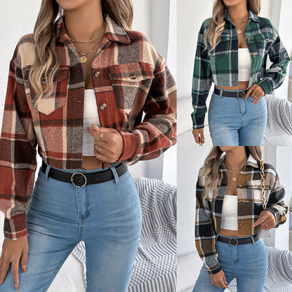 Color-block plaid long-sleeve wool short jacket coat by My Store