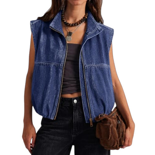 Women's zip-up lapel sleeveless denim vest in blue denim fabric by My Store