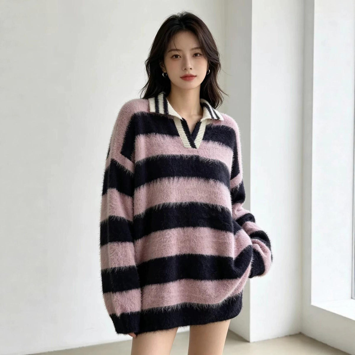 Women's retro color-block striped off-shoulder pullover sweater with lapel collar