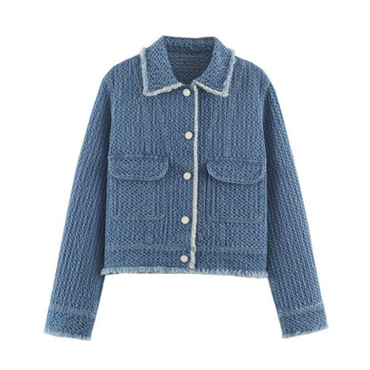 Long-sleeve lapel-collar cotton denim jacket in versatile blue design
