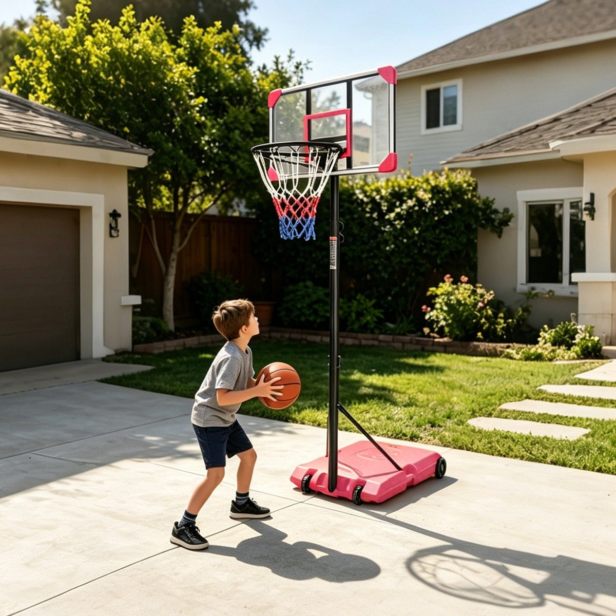 Kids basketball hoop by GBruno Store with adjustable height from 5.6 to 7 feet and wheels for easy portability.