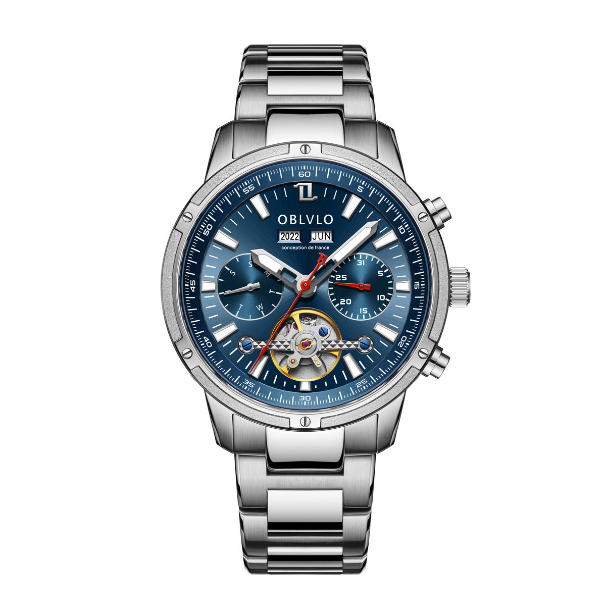 Men's multi-functional hollowed fashion watch with intricate dial design and adjustable wristband