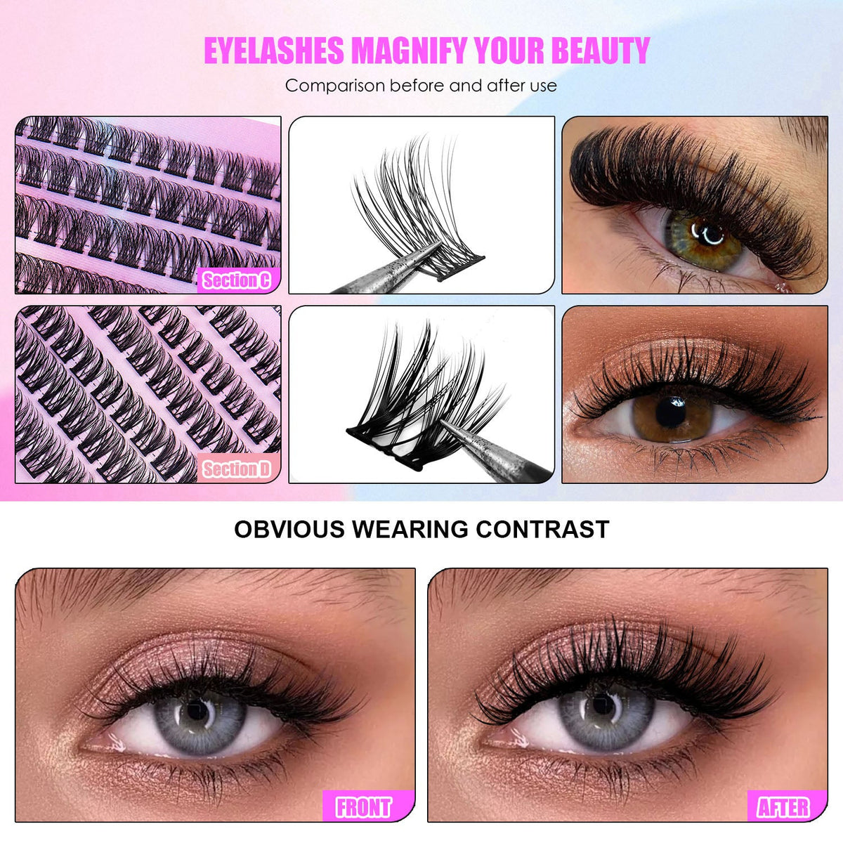 12 rows of 150 segmented cluster lashes in Type 4 style, arranged in a tray