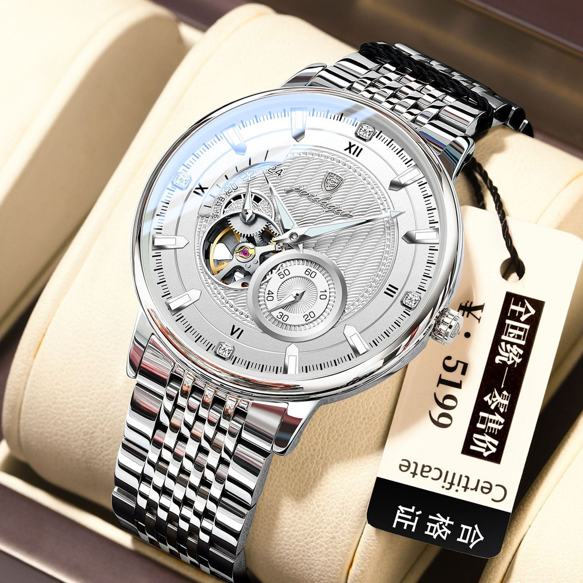 Fully automatic waterproof luminous mechanical watch for men with a classic analog dial and metal case