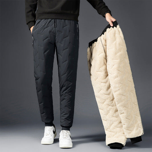 Men's winter velvet fleece trousers with zip pocket, loose fit, windproof warm jogging pants in large sizes