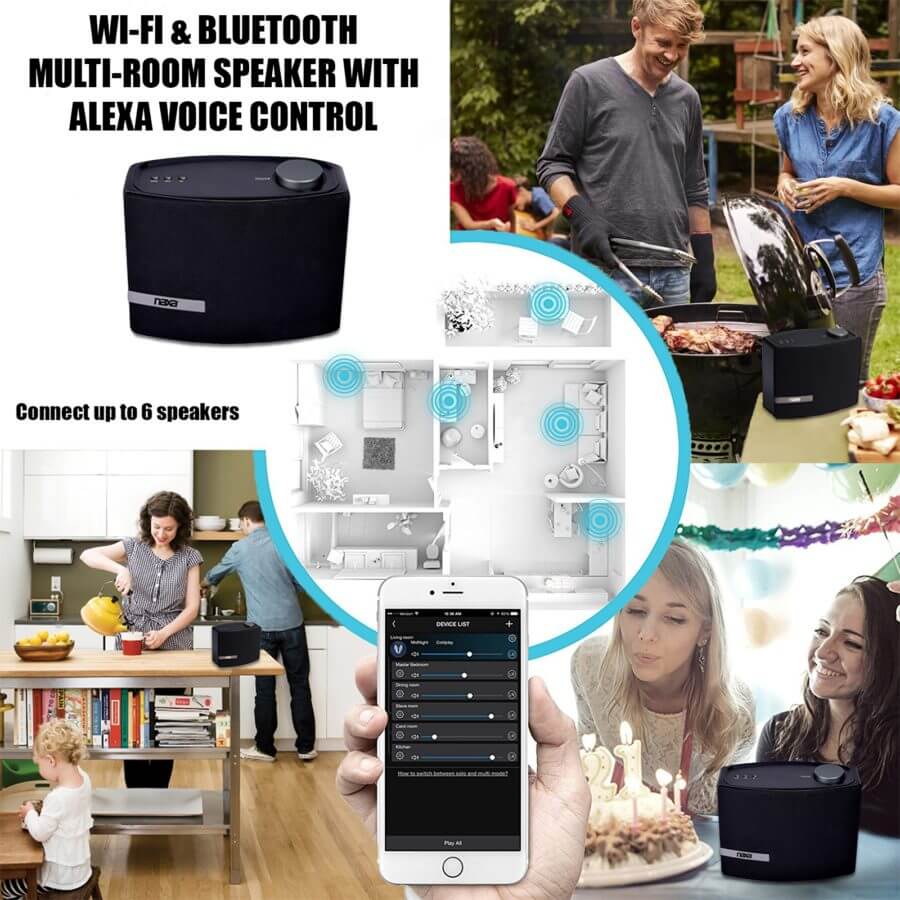 Naxa Wi-Fi and Bluetooth multi-room speaker with Amazon Alexa voice control, showcasing sleek design and control panel.