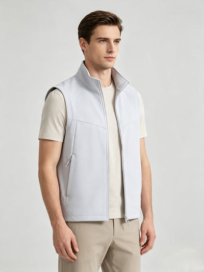 Men and women softshell vest with stand collar, zip front, fleece lining, and sleeveless outdoor design