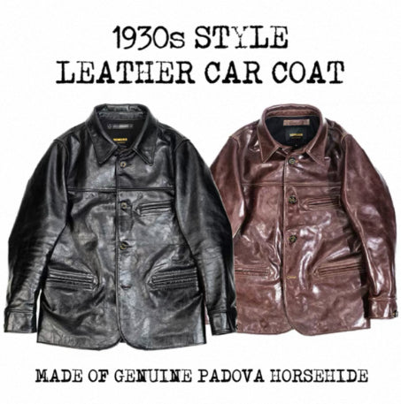 Men's mid-length heavy-duty leather jacket in black with a structured fit and durable finish