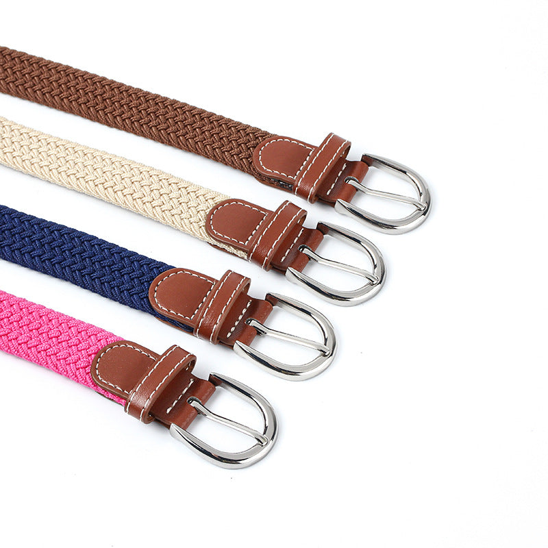 Youth student canvas elastic braided belt in black and brown with adjustable buckle; My Store brand
