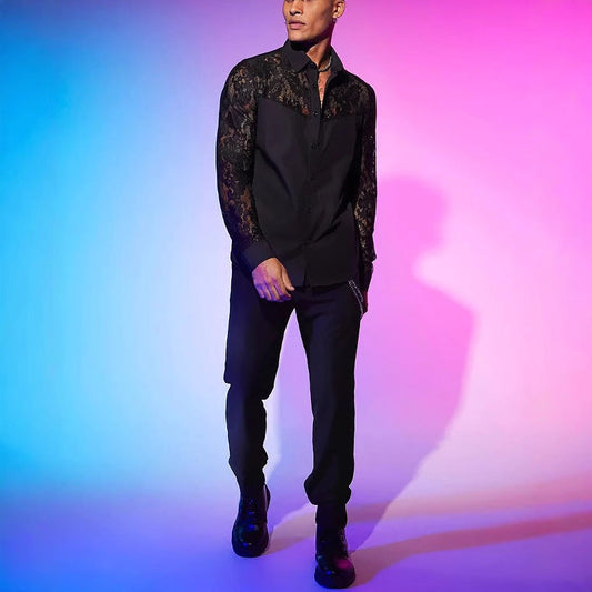 Men's lace-patchwork long-sleeve shirt with a fashionable statement design