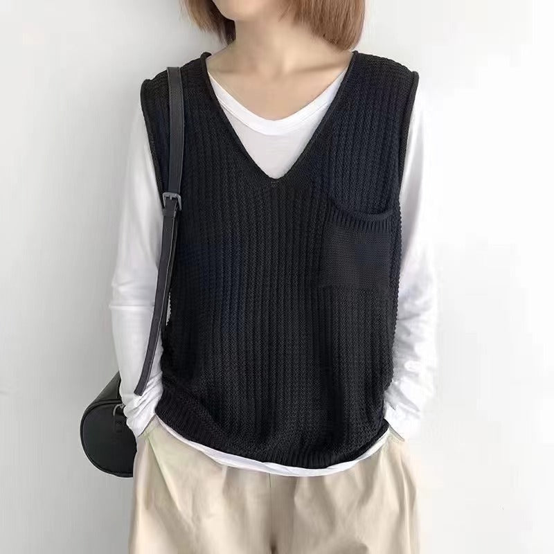 Simple V-neck artistic knit vest from My Store in a textured knit design