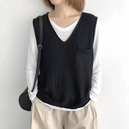 Simple V-neck artistic knit vest from My Store in a textured knit design