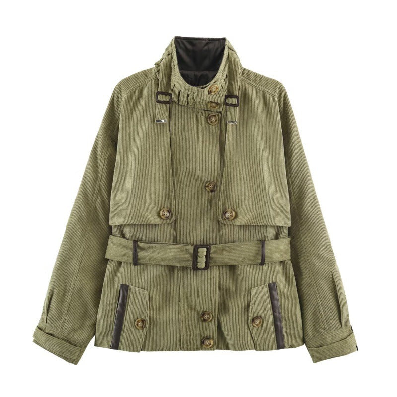 Women's buttoned belted vintage workwear jacket in old-money style, front view