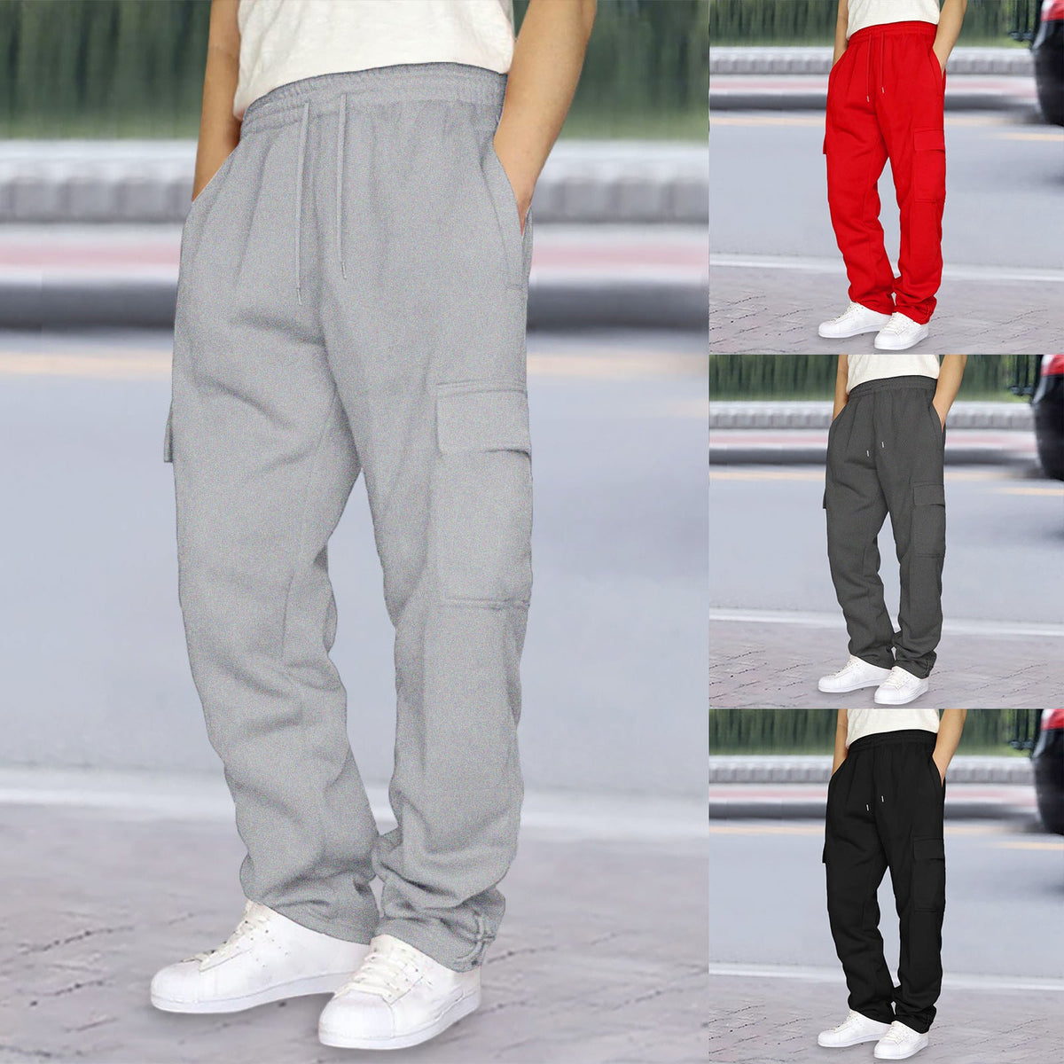 Ankle-tightening loose sweatpants with multiple pockets and drawstrings, front view