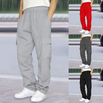 Ankle-tightening loose sweatpants with multiple pockets and drawstrings, front view