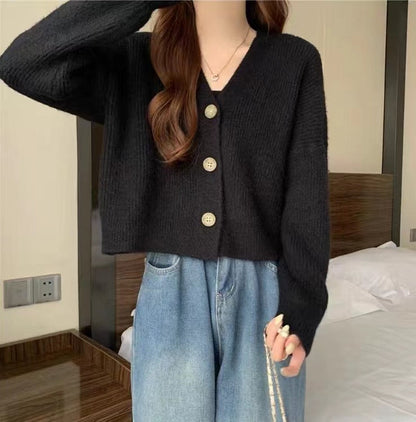 Women's Korean-style V-neck long-sleeved solid-color sweater cardigan coat