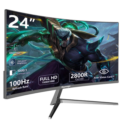 Raywego 24-inch curved monitor with FHD display, 100Hz refresh rate, ergonomic tilt, VESA compatibility for gaming and home office use