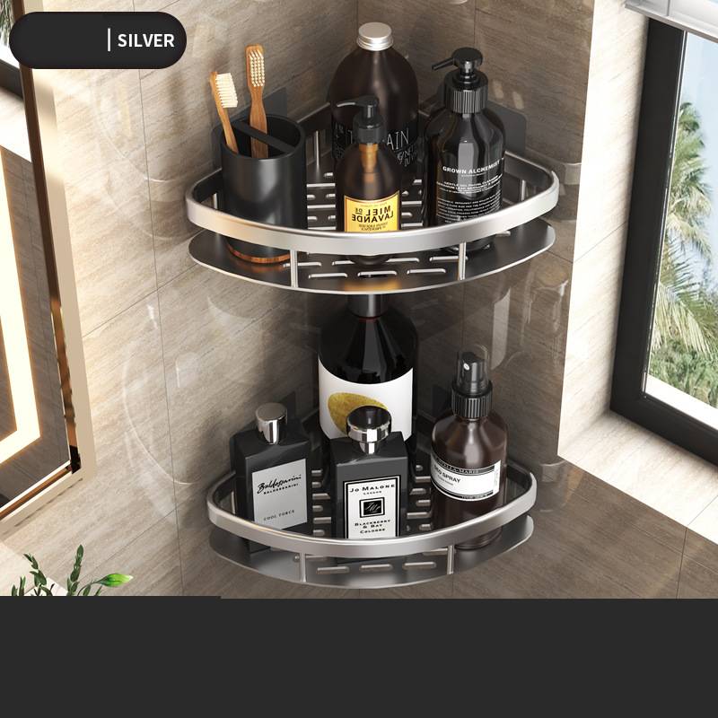 Black rectangular space aluminum wall shelf for kitchen and bathroom storage