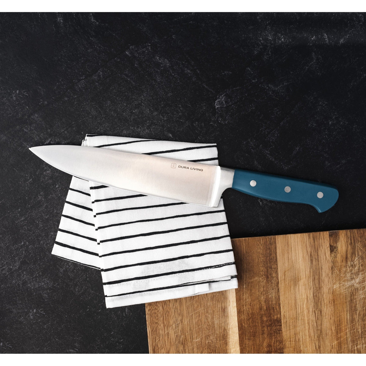 Dura Living Superior 8-inch chef knife with royal blue handle and stainless steel blade, ideal for precise kitchen cutting tasks.