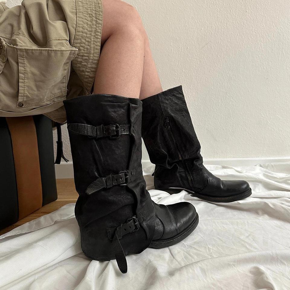 Women's retro pleated mid-calf boots with leather buckles in a classic design