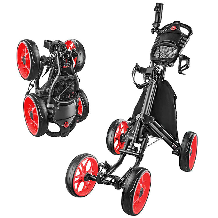 Foldable 4-wheel golf trolley for carrying golf supplies, compact design with sturdy frame and wheels