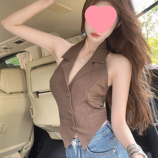 Women's halter neck backless short blazer vest, sleeveless tailored crop top.