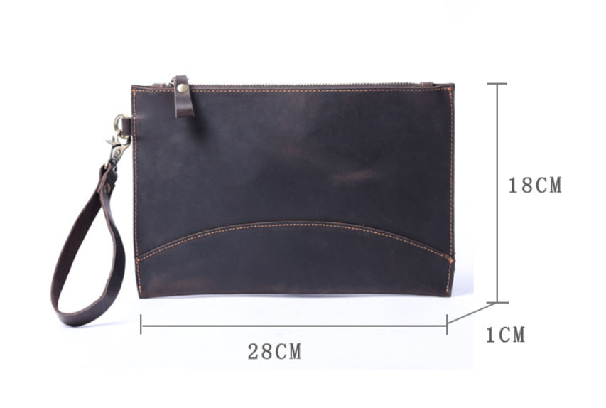 Simple crazy horse leather clutch for men in a sleek brown design