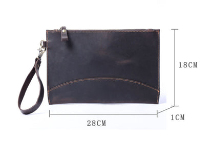 Simple crazy horse leather clutch for men in a sleek brown design