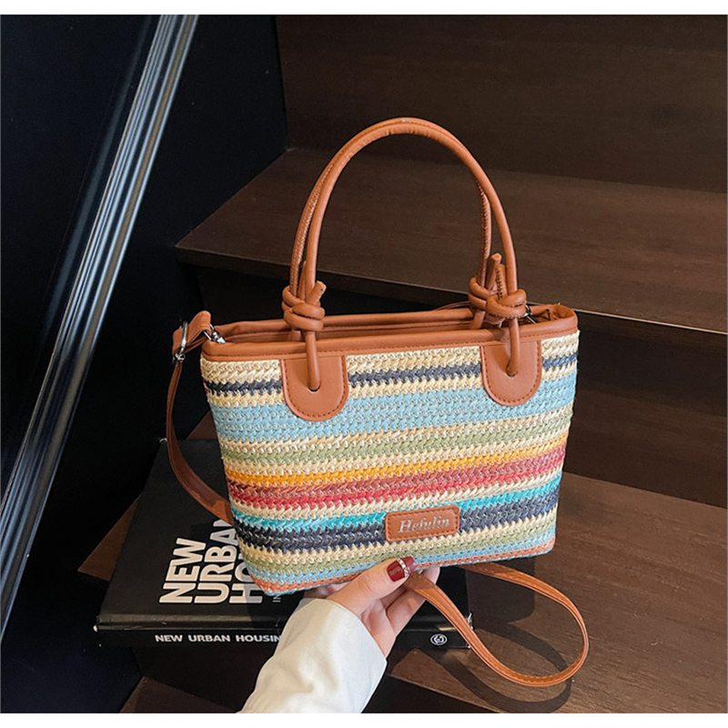 Summer vacation beach-style straw tote and crossbody bag with woven texture and versatile shoulder strap
