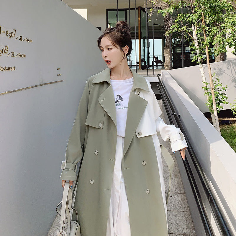 Women's contrasting mid-length trench coat with structured collar and button front