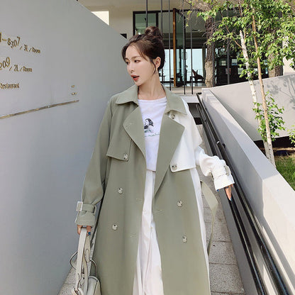 Women's contrasting mid-length trench coat with structured collar and button front