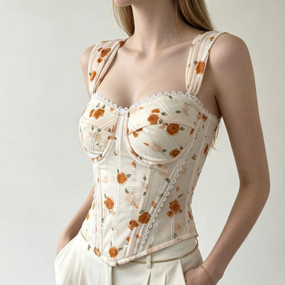 Apricot lace-trimmed underbust corset with slimming fit and spaghetti straps