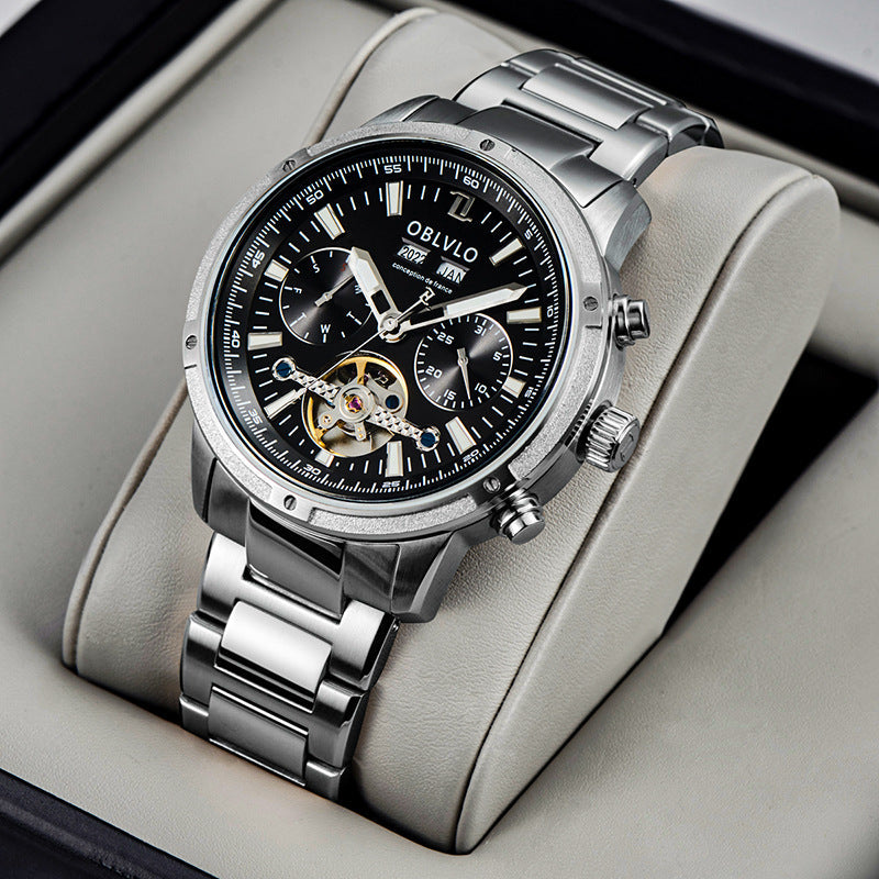 Men's multi-functional hollowed fashion watch with an intricate openwork dial and stylish wristband