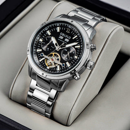 Men's multi-functional hollowed fashion watch with an intricate openwork dial and stylish wristband
