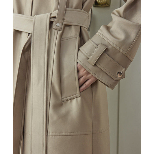 Vintage women's leather-patchwork mid-length trench coat in a high-end design