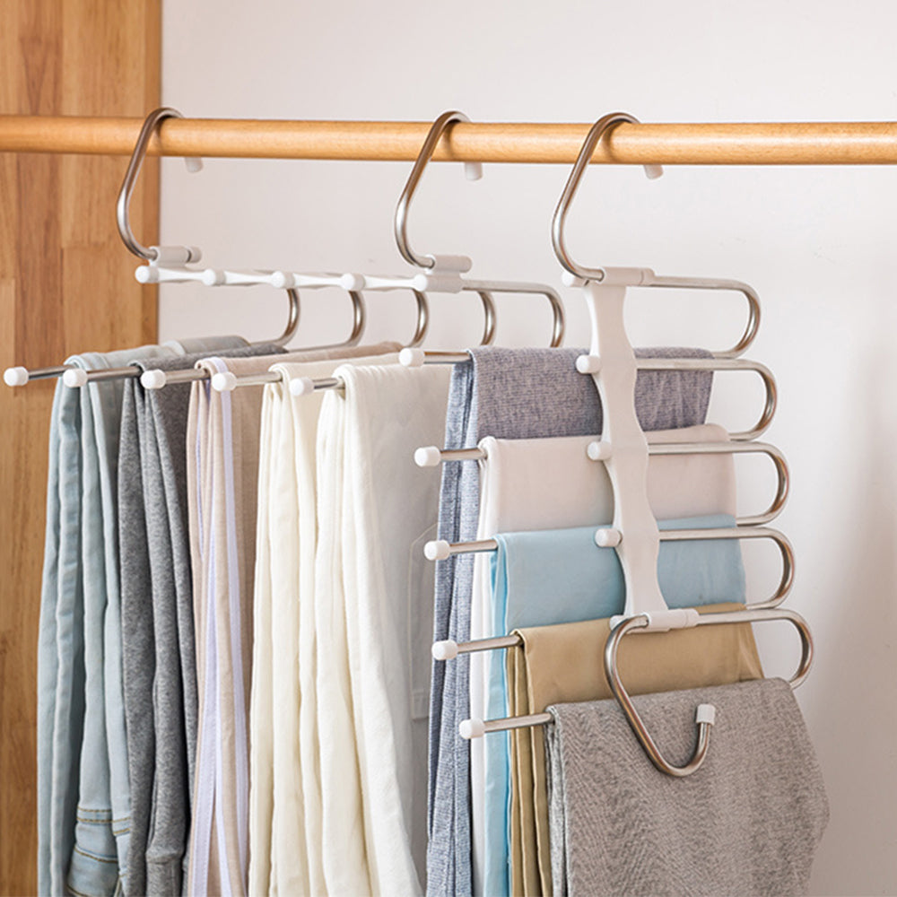 5-in-1 stainless steel wardrobe hanger with multiple bars for hanging clothes and pants in a closet